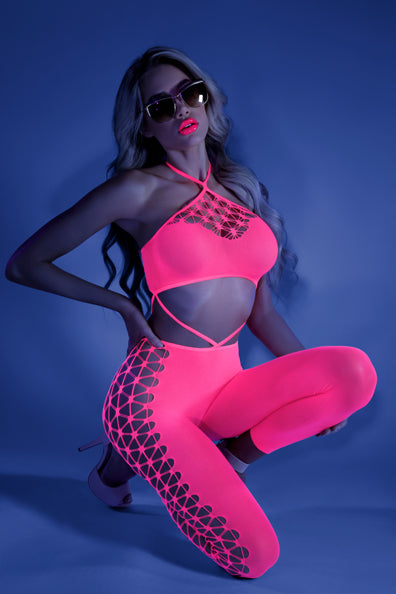 Glow Own The Night Bodystocking - Neon Pink - One Size