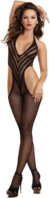 Dreamgirl Fishnet halter bodystocking with opaque "V" style line detail - Black - One Size